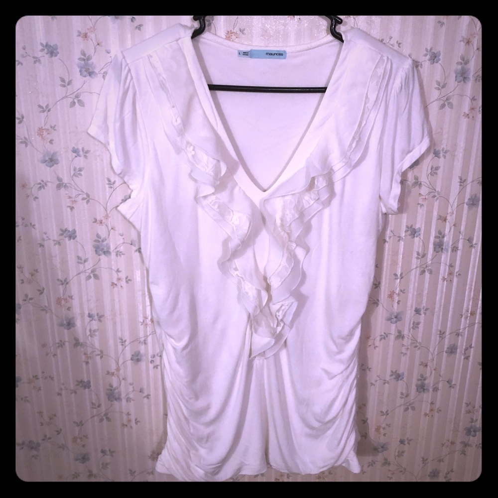 White ruffle front top